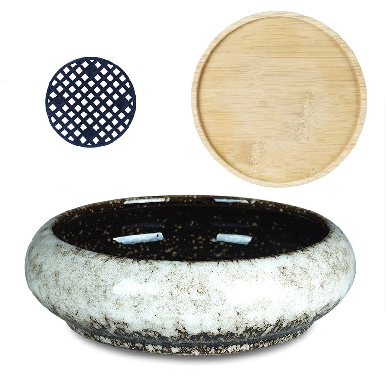 ARTKETTY Succulent Pots - 7.3 Inch Ceramic Bonsai Pot with Tray, Large Succulent Planters with Drainage, Shallow Planter for Indoor Cactus Plants Decorative Flower Plant Container Bowl - Image 2